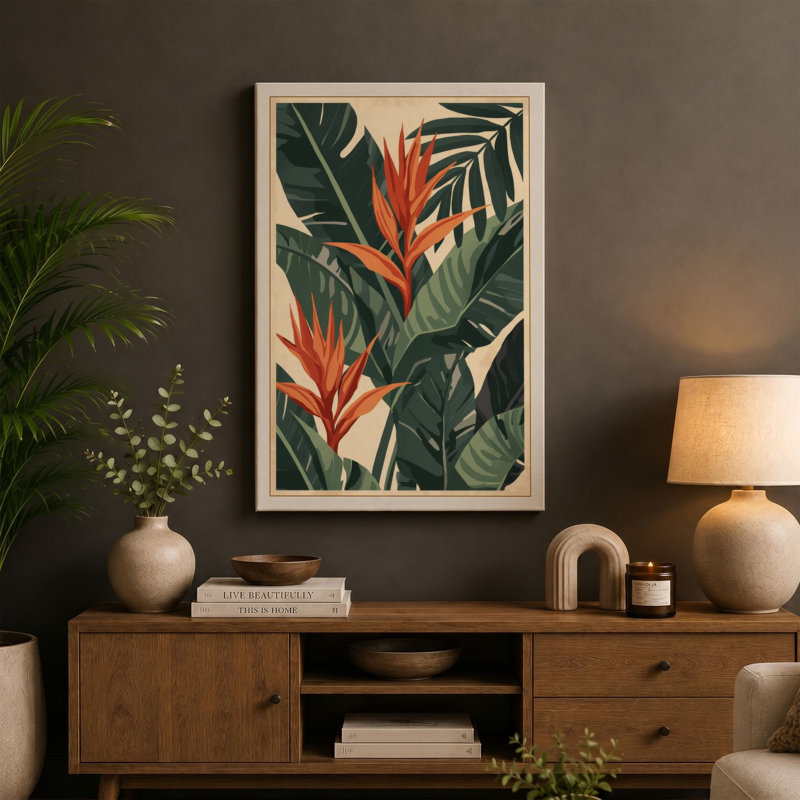 Birds of Paradise Botanical - Wrapped Canvas, 24x16 - 61.0 x 40.6 cm, Taupe Border