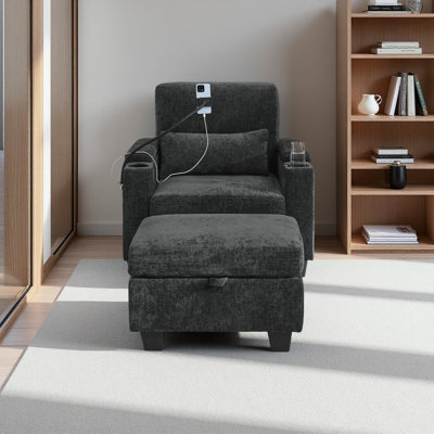 Canapé inclinable simple avec dossier réglable manuellement, port de charge USB sur le côté de l'accoudoir, support pour téléphone inclus, rangement caché pour l'accoudoir et repose-pieds assorti