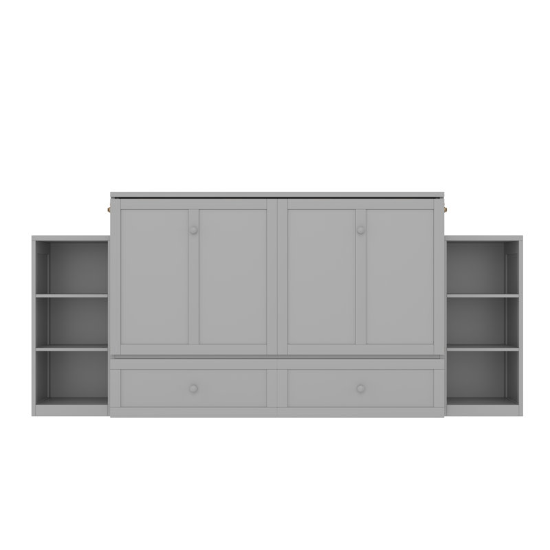 Grand lit escamotable avec tiroirs et tablettes de rangement spacieux. Idéal pour les chambres d'amis ou les chambres compactes. Gris clair
