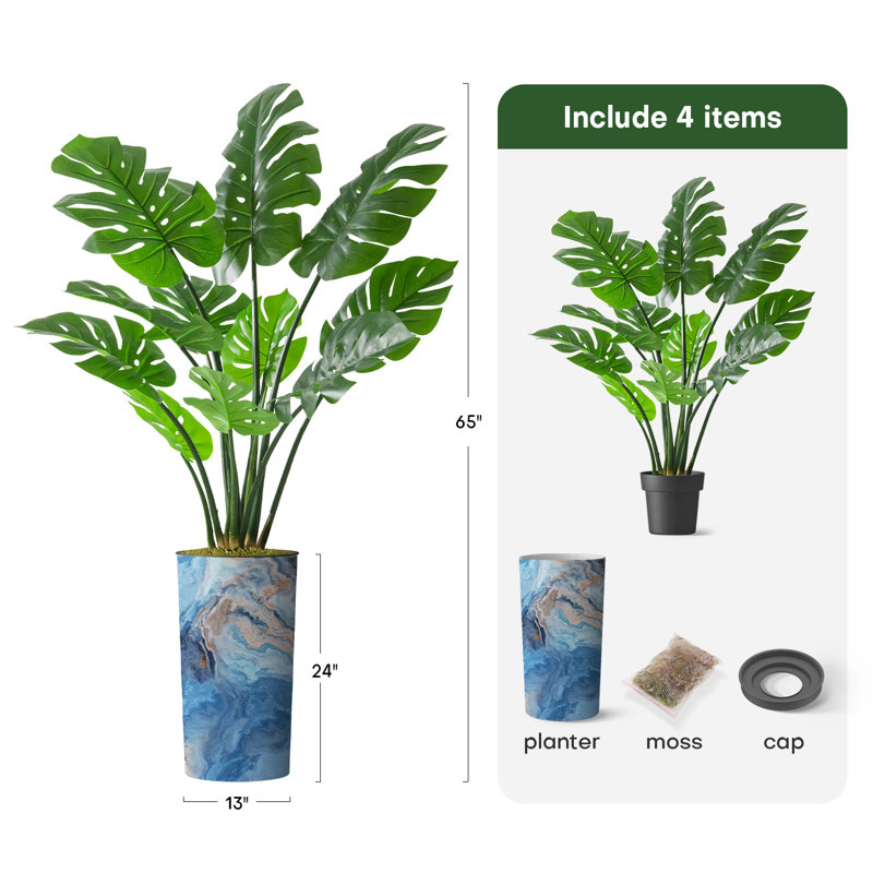 Arbre artificiel dans un pot de fleurs moderne, décoration d'arbre en soie artificielle Monstera (pot et arbre), H 65 po