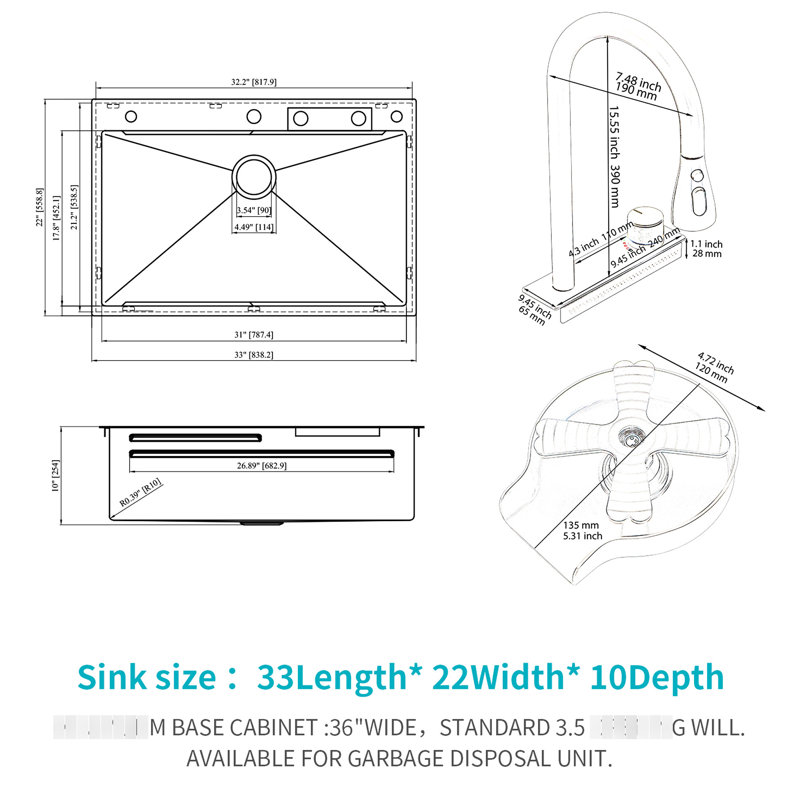 Gunmetal Black Drop-In Waterfall Kitchen Sink 33*22 Inch 16 Gauge Stainless Steel With Pull-Out Faucet, Cup Washer & Cutting Board