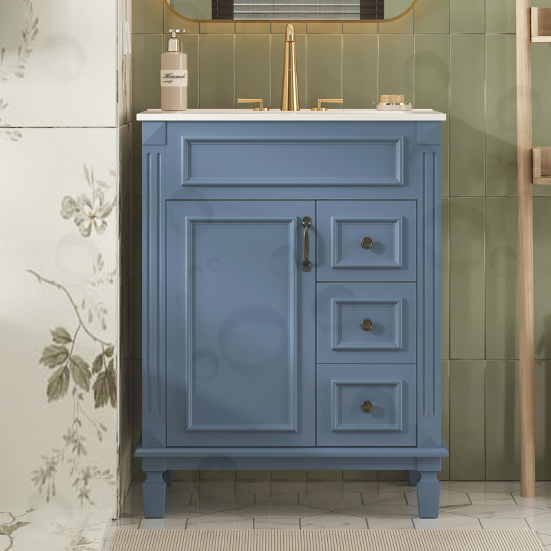 Meuble-lavabo de salle de bain avec lavabo en céramique et tablette réglable, Bleu
