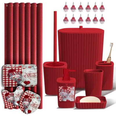 Christmas Bathroom Accessory Set - 22PC, Complete Set + Bath Rugs, Modern, Red & White, Polyester