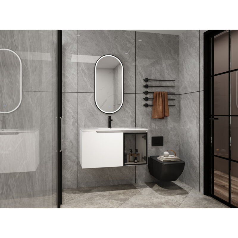 Meuble-lavabo moderne blanc brillant avec évier en céramique et rangement spacieux