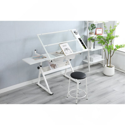 Black Adjustable Tempered Glass Drafting Printing Table With Chair