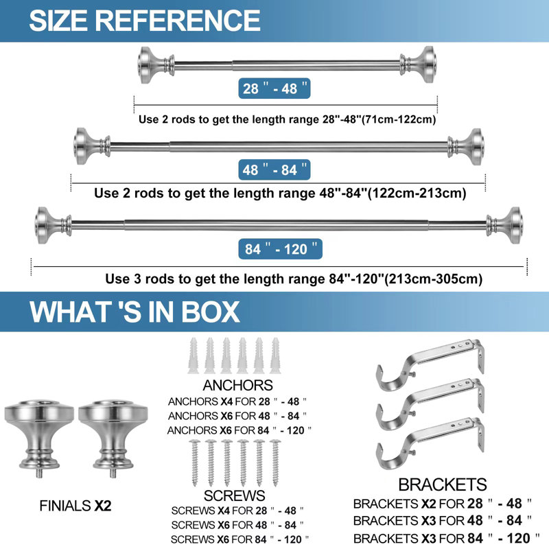 Brushed Steel Adjustable Single Curtain Rod with Decorative Finials