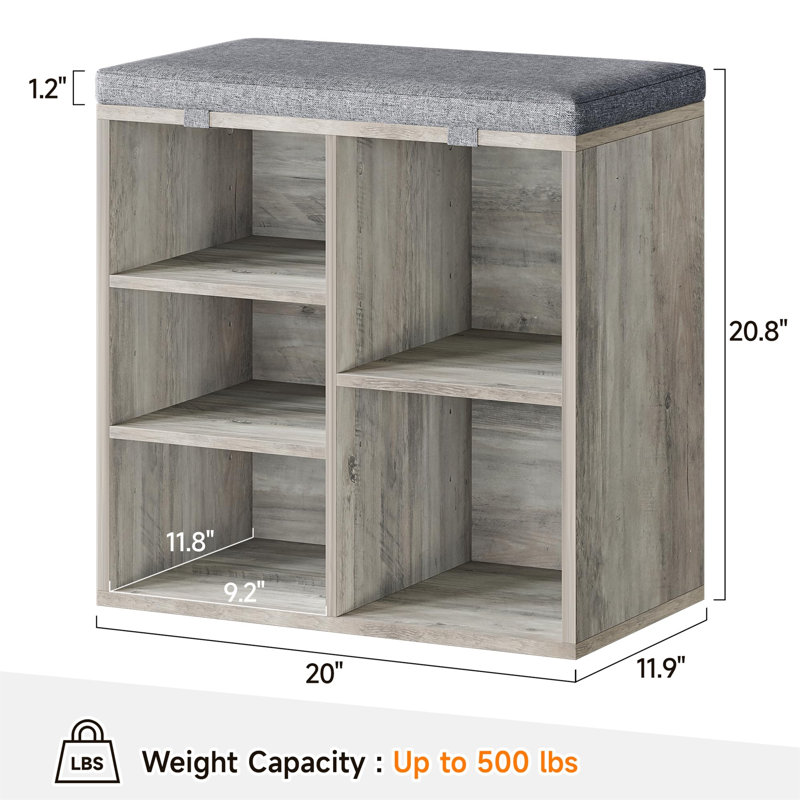 Shoe Bench, Entryway Storage Bench with Cushion, Cubby Shoe Rack with Adjustable Shelves, Shoe Organizer Bench for Living Room, Bedroom, Hallway, Mudroom (Grey, 20 inch)