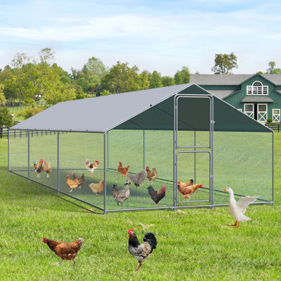 Large Metal Chicken Coop With Galvanized Hardware Cloth, Outdoor Large Walk-in Poultry Cage With Waterproof Cover For Up To 20 Chickens					