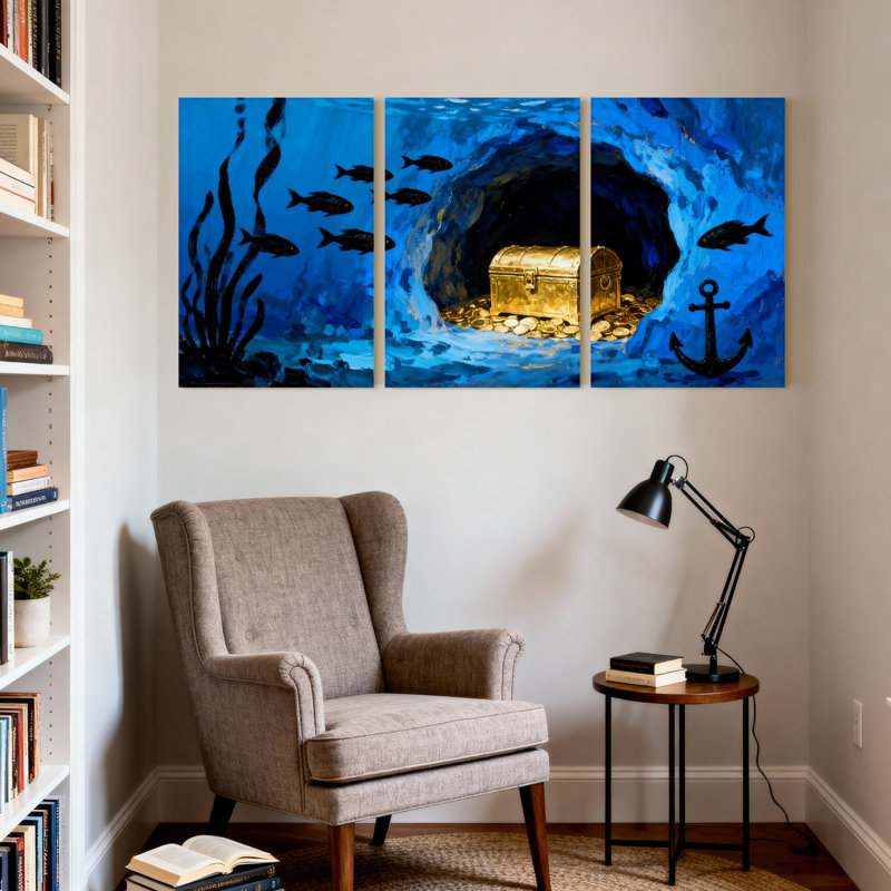 Coffre à trésor sous-marin avec poisson et ancre, ensemble de 3 impressions sur toile, H 30 po x l 60 po