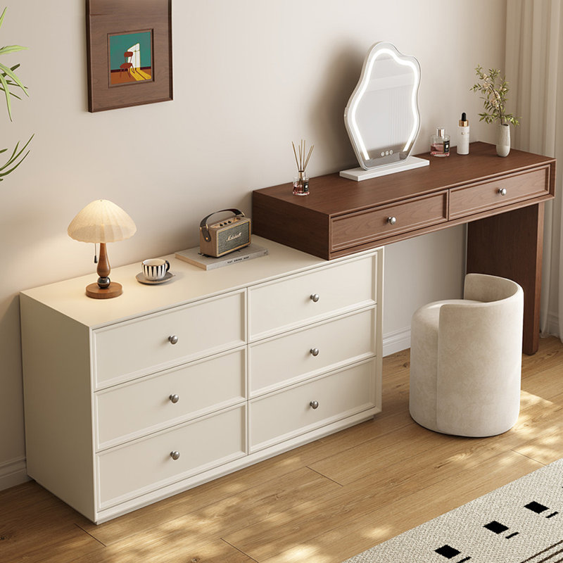Ensemble de commode à tiroirs 94,49 "moderne blanc cassé minimaliste + coiffeuse couleur noyer, conception extensible, comprend tabouret et miroir de maquillage à DEL