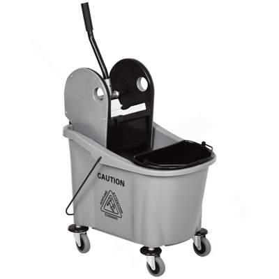 9.5 Gallon (38 Quart) Mop Bucket With Wringer Cleaning Cart, 4 Moving Wheels, 2 Separate Buckets, & Mop-Handle Holder, Grey