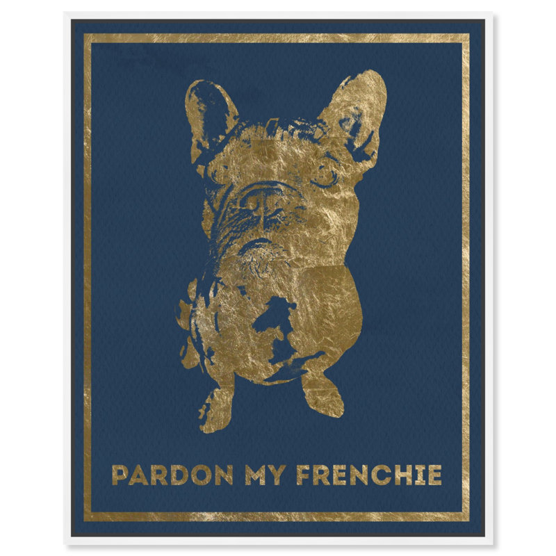 Pardon My Frenchie, élégant bouledogue français moderne, or - peinture, Cadre flottant blanc, H 31 po x l 25 po