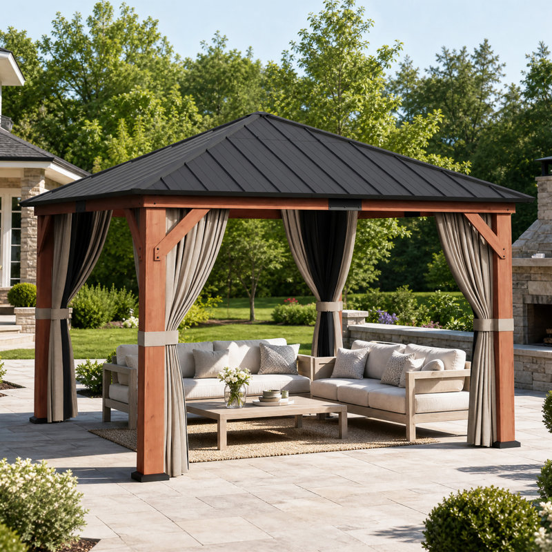 Hadley 12 Ft.X 12 Ft.Outdoor Patio Premium Cedar Wood Frame Gazebo With Mosquito Netting And Curtains, Galvanized Steel Hardtop Single Roof Pavilion