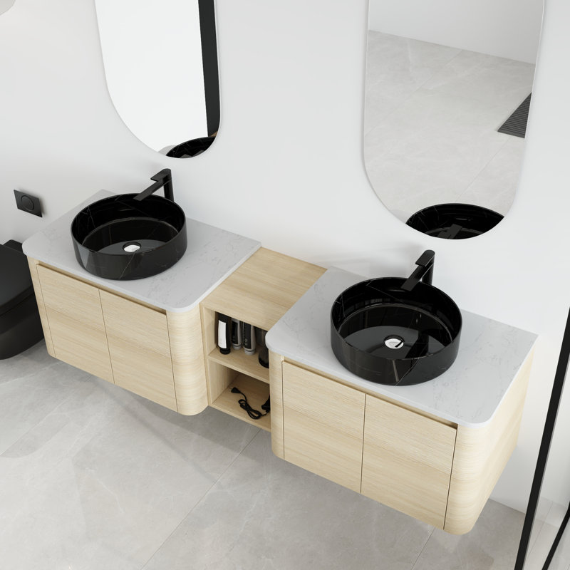 Ensemble de meuble-lavabo double mural 72 po avec lavabo en céramique et tablettes Greythor, ensemble de meuble-lavabo double 72 po avec plateau en pierre reconstituée