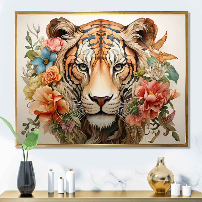 Coral Brown Line Art Whimsical Animals II Framed On Canvas Print, Cadre flottant doré, H 34 po x l 44 po x P 1,5 po