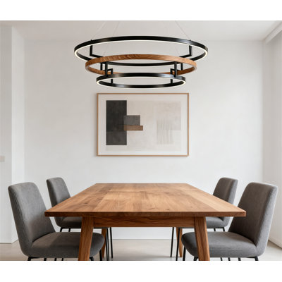 Modern 24 Inch LED Ring Chandelier With Remote Control, Wood Grain And Black Metal Farmhouse Pendant Light For Dining Room Kitchen Living Room Bedroom