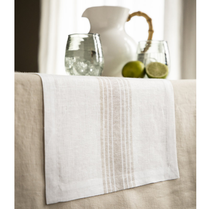 Country Stripe - 100% Pure Linen Table Runner, 72" x 16", Natural/White Farmhouse