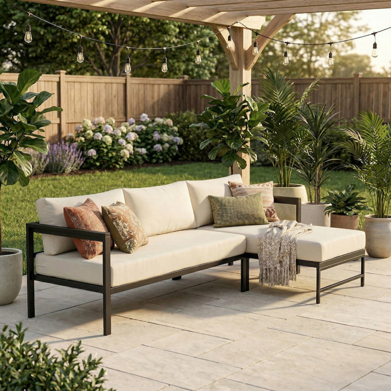 L-Shaped Outdoor Sectional Sofa Set with 5.9" Ultra-Thick Cushions, All Weather Patio Conversation Sofa with Heavy-Duty Iron Frame, Suitable for Backyard, Garden