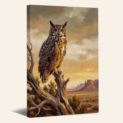 Grand hibou cornu perché sur une branche, paysage désertique, art mural