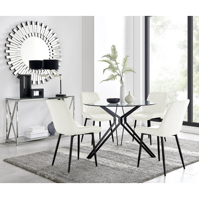 Modern Casino Glass and Metal Hairpin Leg Dining Table Set With 4 Luxury Velvet Dining Chairs