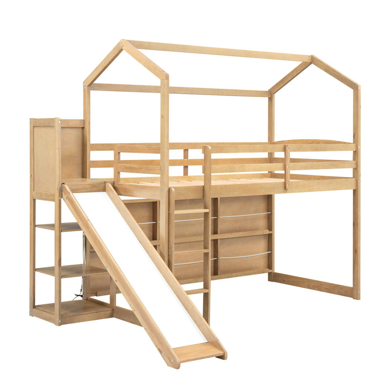 Lit mezzanine simple en bois avec glissoire, tablettes de rangement et rampe d'escalade, couleur bois, Brun