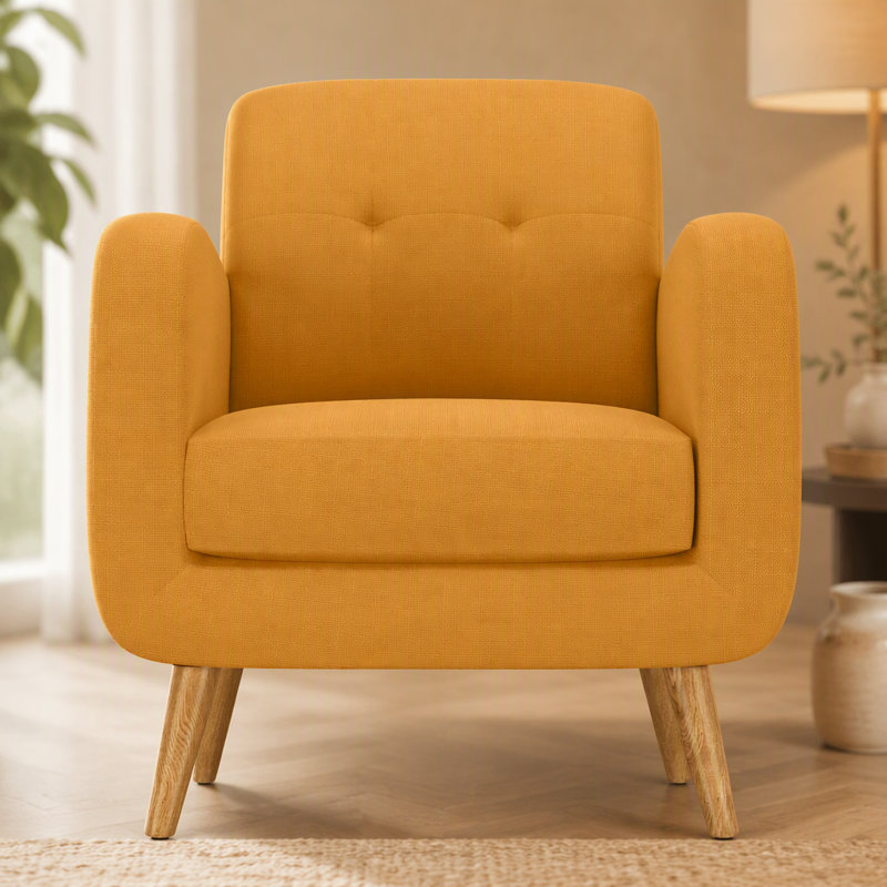 Chaise d'appoint en lin jaune avec pieds en bois massif naturel