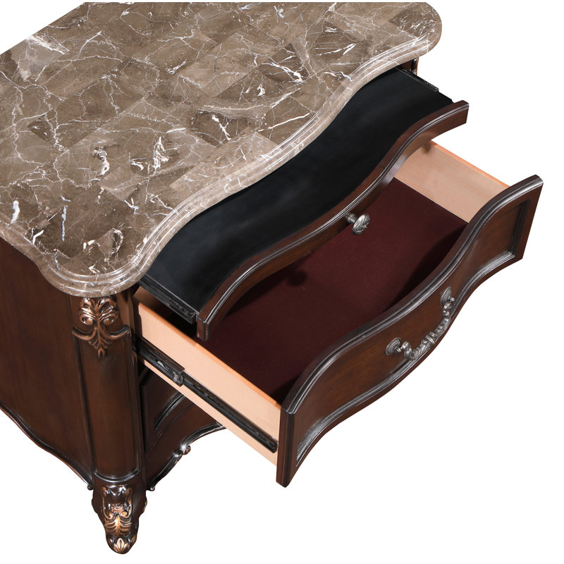 Constantine Dark Walnut and Marble Traditional 2-Drawer Nightstand