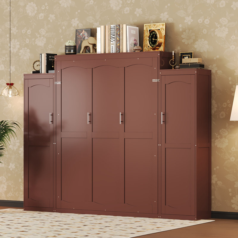 Lit escamotable avec 2 armoires et tablette de rangement - noyer, Grand lit