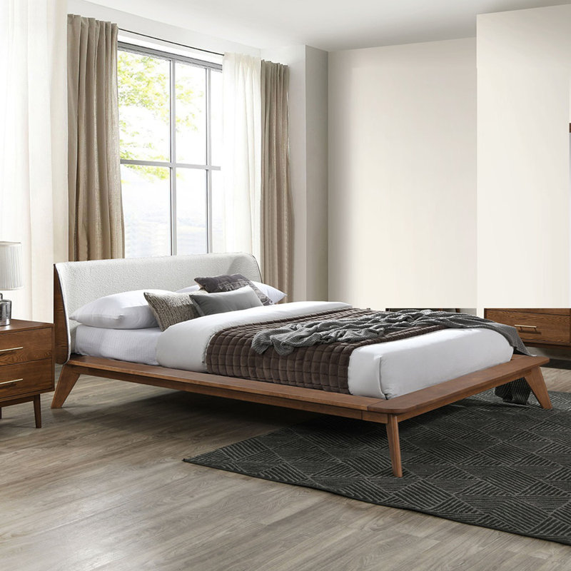 Lit plateforme Mid-Century moderne avec tête de lit à oreilles en tissu, prêt pour le matelas et durable