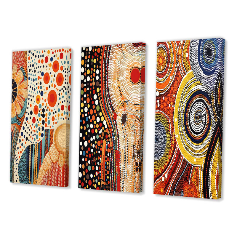 Aboriginal Circular Dot Art Compositions III - Transitional Art Set Of 3 Pieces, H 20 po x l 36 po, Toile tendue