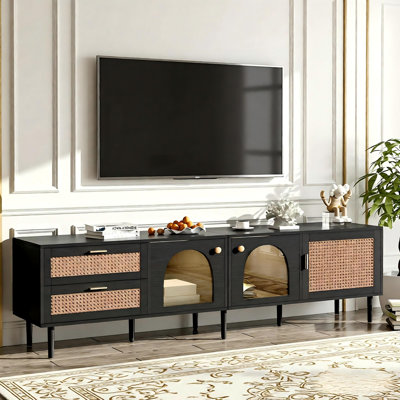 Rattan Tv Stand With 3 Cabinets & 2 Drawers, Rattan-inspired Media Console Table For Tvs Up To 80'', Led Light Entertainment Center, Tv Cabinet For Living Room, Bedroom, Home Theatre