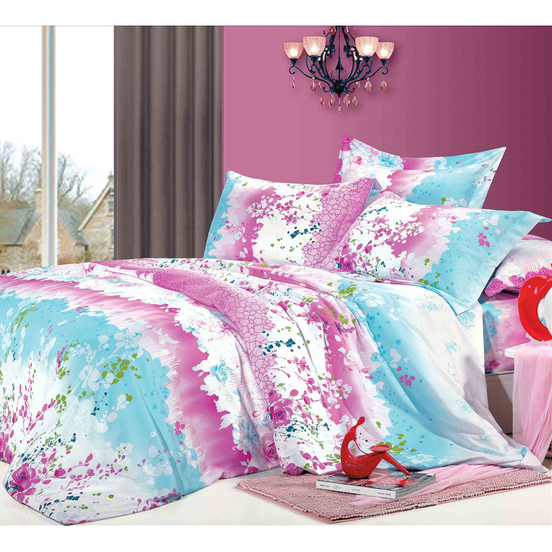 Ensemble de housse de couette simple fleurs bleues et roses, Housse de couette très grand + 3 pièces supplém