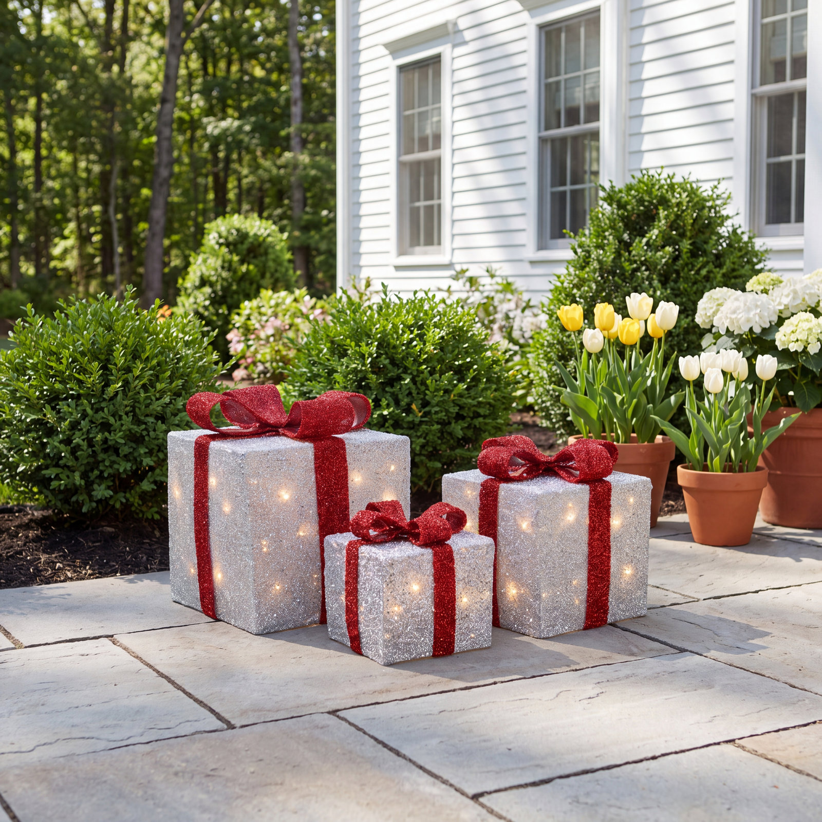 Silver Tinsel Lighted Gift Box Set