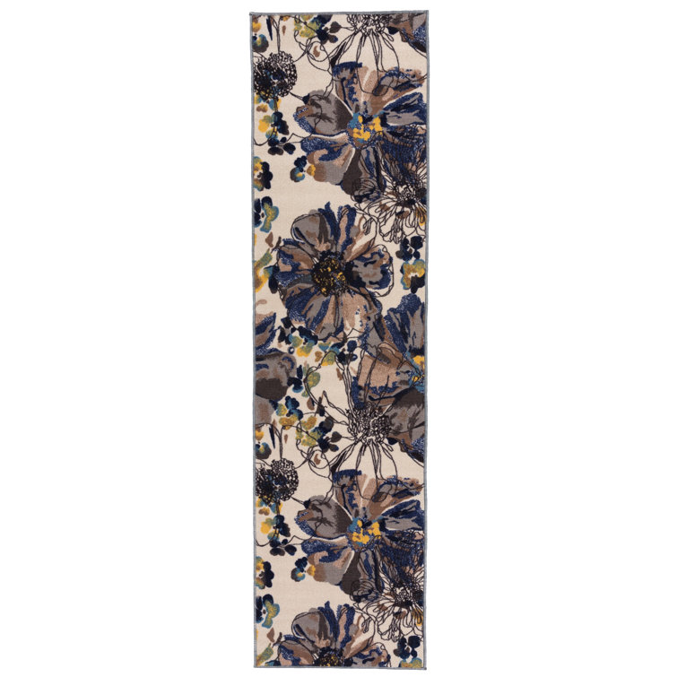 Dichiera Floral Brown/Navy/Cream Non-Slip Rubberback Area Rug