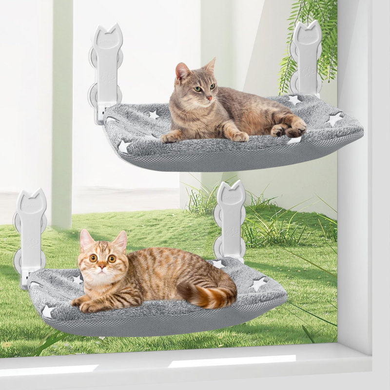 Paquet de 2, perchoir de fenêtre pour chat, hamac pour fenêtre pliable Glow in the Dark avec motif encastré, housse souple amovible (gris étoile)