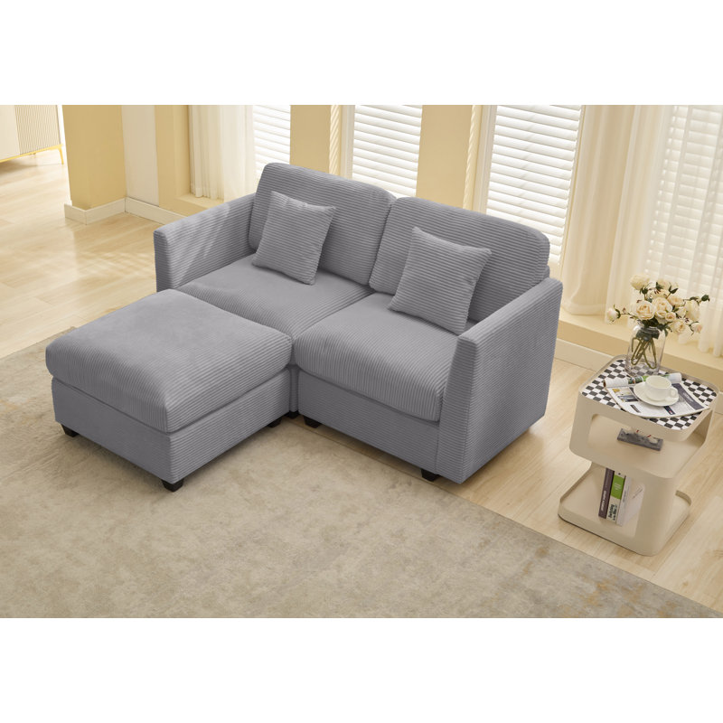Nicholson 69.2" W Corduroy Loveseat with Ottoman and Toss Pillows, Light Gray
