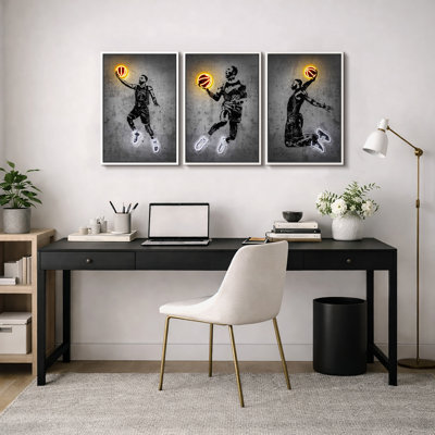 White & Yellow Neon Effect-Basketball Player Slam Dunk Artwork, Athletes Pop Modern Bedroom Decor Wall Pictures, Framed Canvas Giclée Print 3 Pieces Wall Art" 16"x24"x3 pcs, 24"x36"x3 pcs