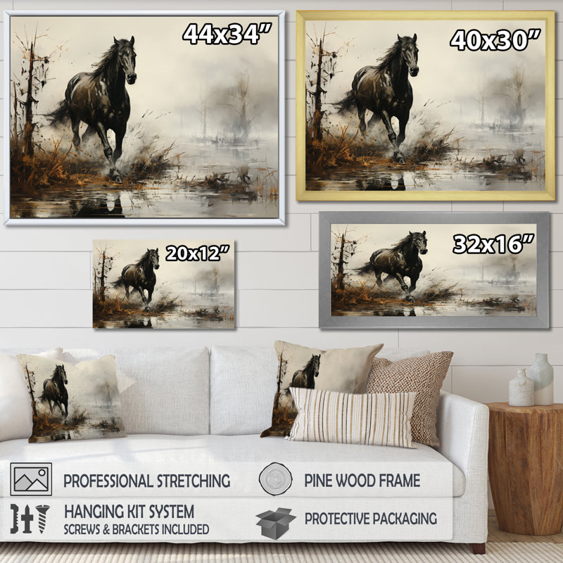 «Grey Horse Misty Morning Canter II», art mural cheval, H 24 po x l 32 po x P 1 po, Cadre flottant doré