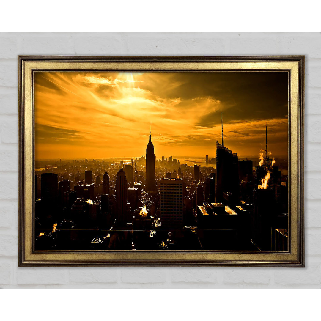 Empire State Building New York City Goldener Sonnenuntergang - Einzelner Bilderrahmen Kunstdrucke auf Holz