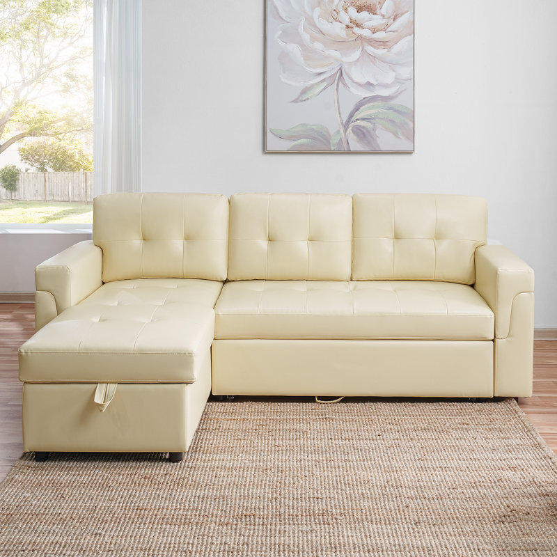 Fane 84" Reversible L-Shaped Sectional Sleeper Sofa Bed, 3 Seater Leather Pull-Out Couch with Storage Chaise, Convertible Sofa for Living Room, Comfort and Extra Space