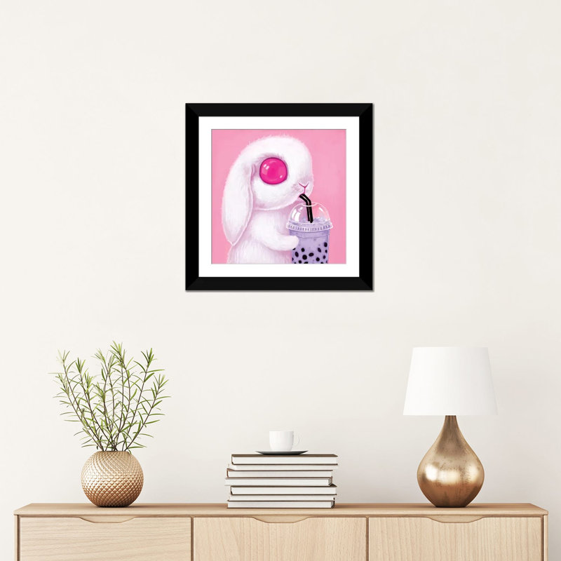 «Bubble Tea Bunny», reproduction de photo sur toile, H 16 po x l 16 po x P 1 po, Papier d'art encadré noir, Blanc