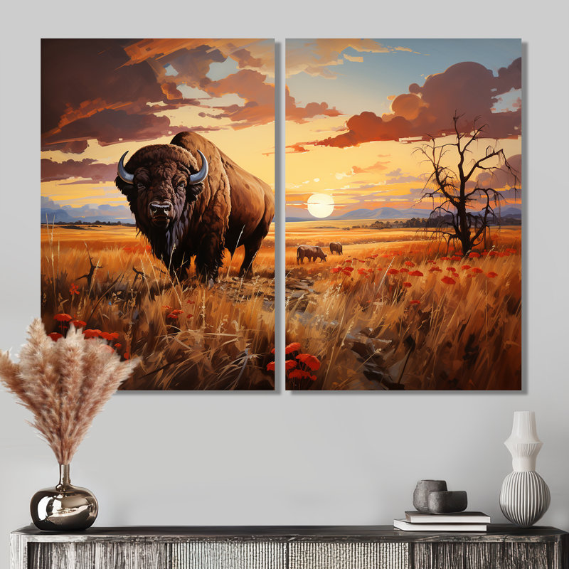 Art amérindien Bison Prairies I - décoration murale brune, Toile tendue, Ne s’applique pas, H 36 po x l 48 po