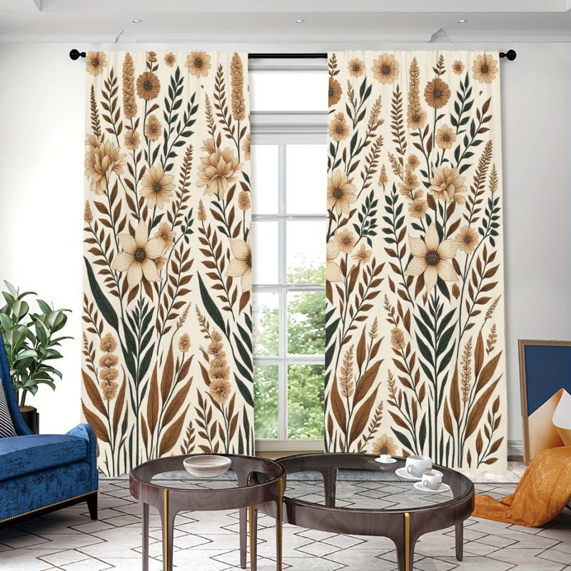 2Pcs Rustic Floral Curtains, Beige Cream Brown Botanical Design, Rod Pocket Light Filtering, Vintage Farmhouse Style, All-Season For Living Room Bedroom Window Decor