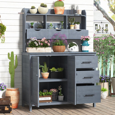 Garden Potting Bench Table With Hutch, Gardening Workstation, Solid Wood, Multi-Drawer Storage, Farmhouse, Outdoor