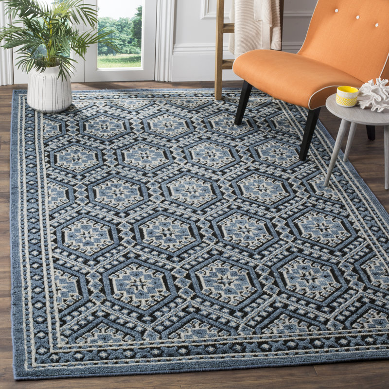 Tapis bleu marine en laine / coton noué à la main Baum, Rectangle 6 pi x 9 pi