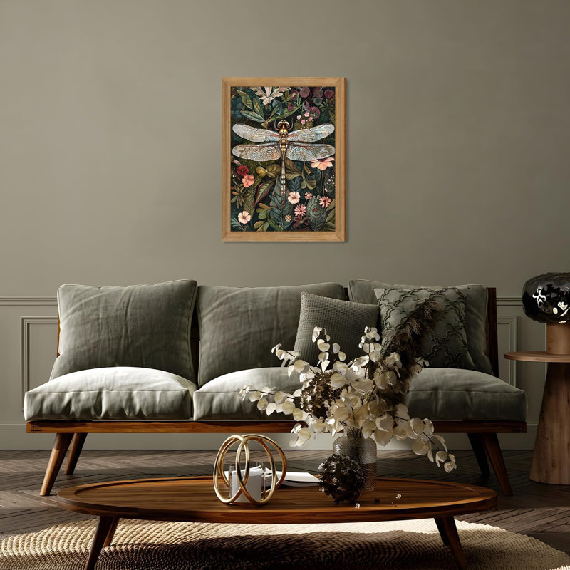 Art mural encadré rétro 3D texturé - libellule vert foncé fleurs - grès dessiné à la main photos botaniques de la nature pour le salon chambre à coucher 12 x 16 po