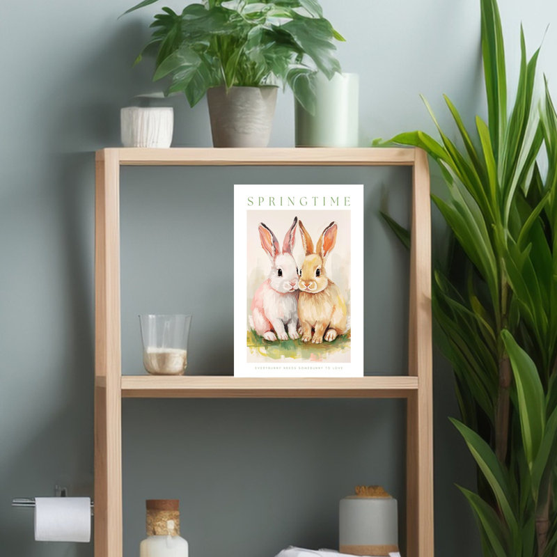 «Spring Bunny Friends», art contemporain mural, lapin et nature, H 18 po x l 12 po