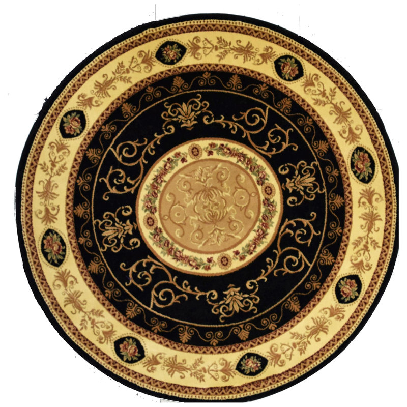 Aubusson Black and Beige Round Synthetic Wool Area Rug