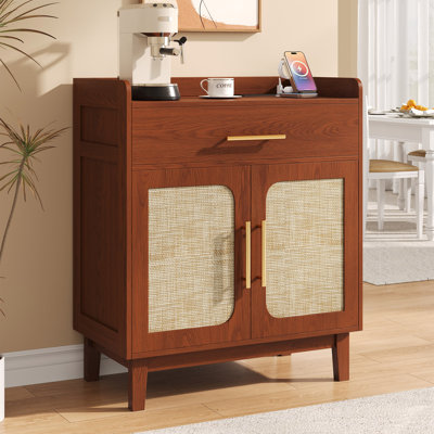 Rattan Sideboard Buffet Cabinet With Charging Station & Adjustable Shelf
