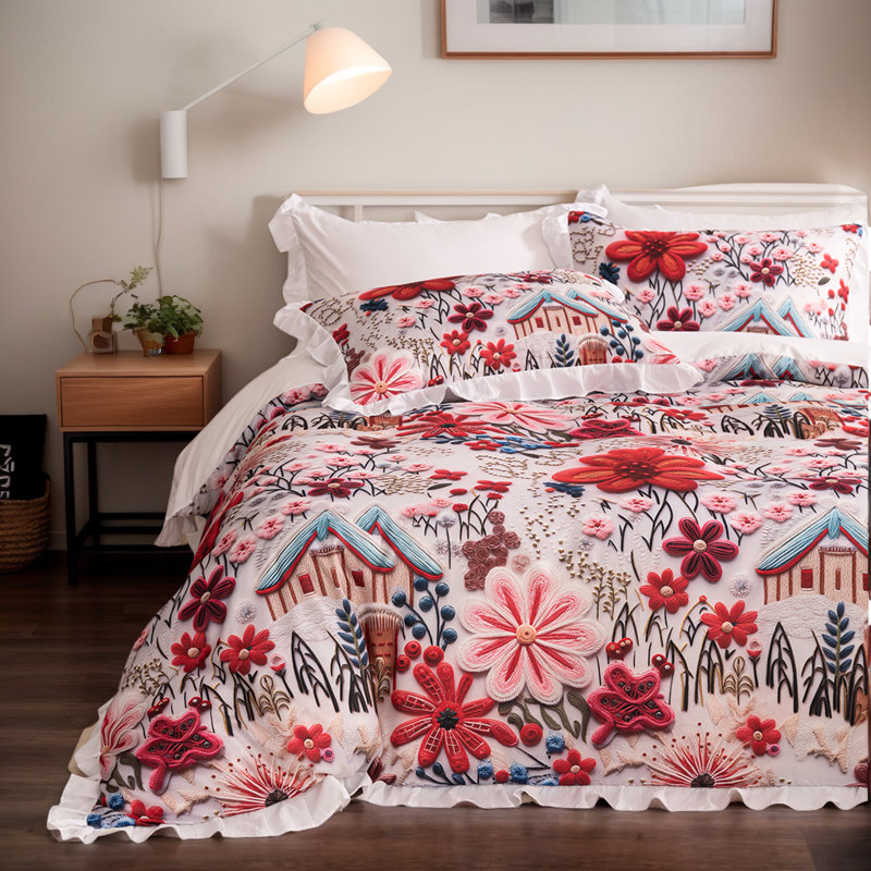 Dailynap Printed Pink Floral Pattern Bedding Set, King Duvet Cover + 2 Pillowcases